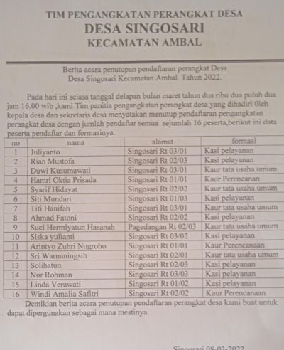 DAFTAR NAMA NAMA PENDAFTAR PERANGKAT DESA TAHUN 2022