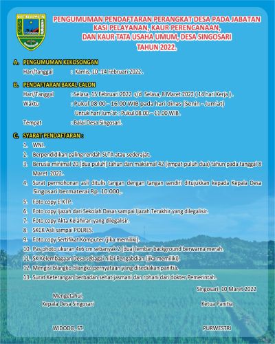 PENGUMUMAN DAN PERSYARATAN PENDAFTARAN PERANGKAT DESA TAHUN 2022
